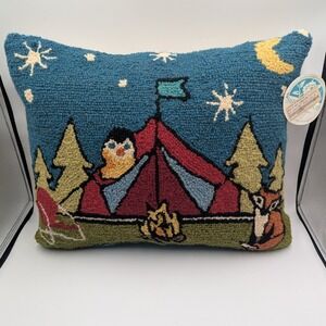 Peking Handicraft Camping Wool Hook Pillow Blue Red Suzanne Nicoll NWT Deadstock